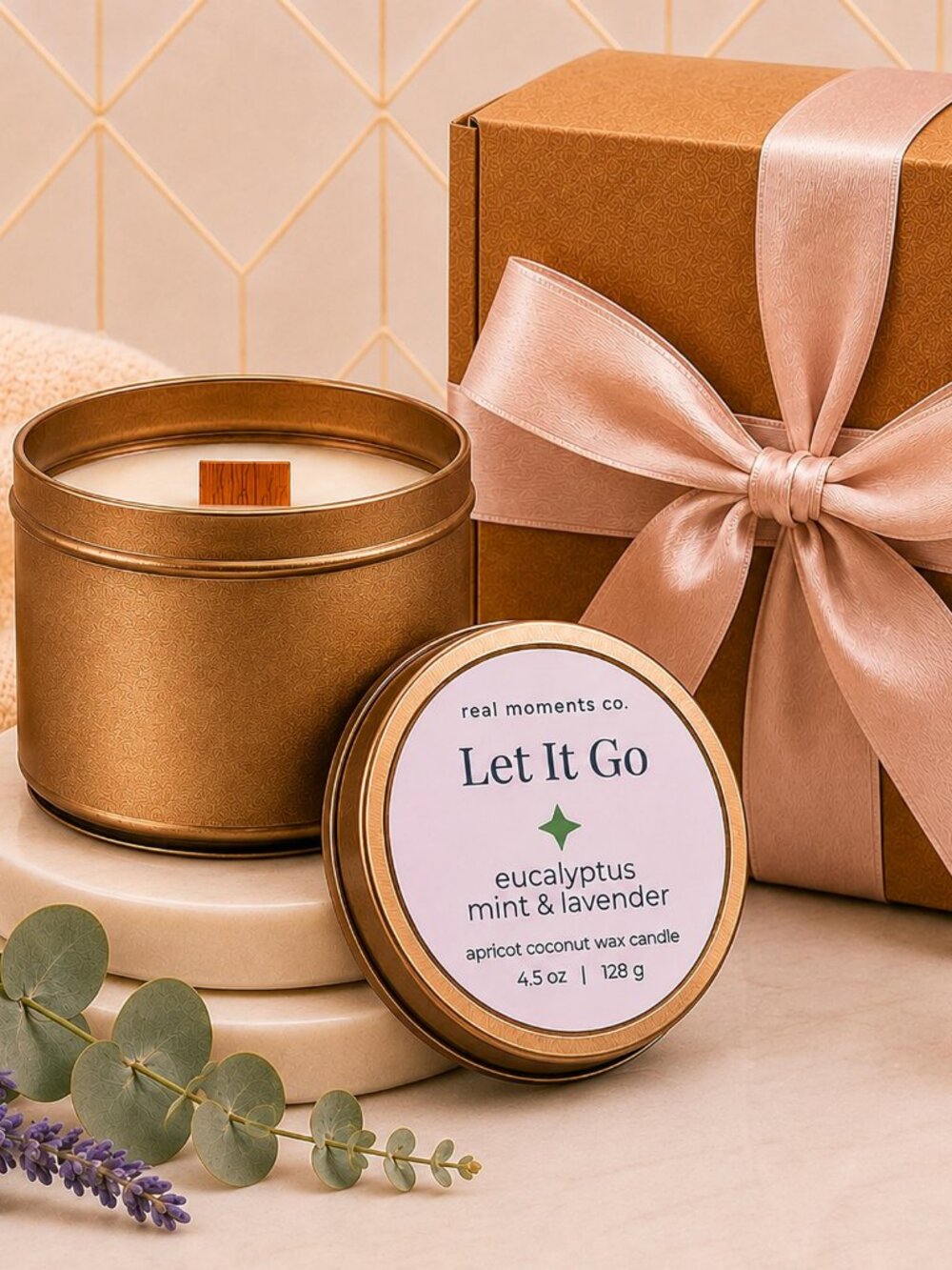 Let It Go Candle, Eucalyptus, Mint & Lavender, Self Care Candle Petite Gift Set